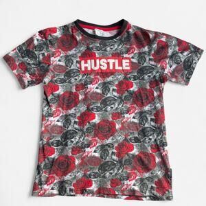 Distortion Floral Graphic T-Shirt with 'Hustle' Print